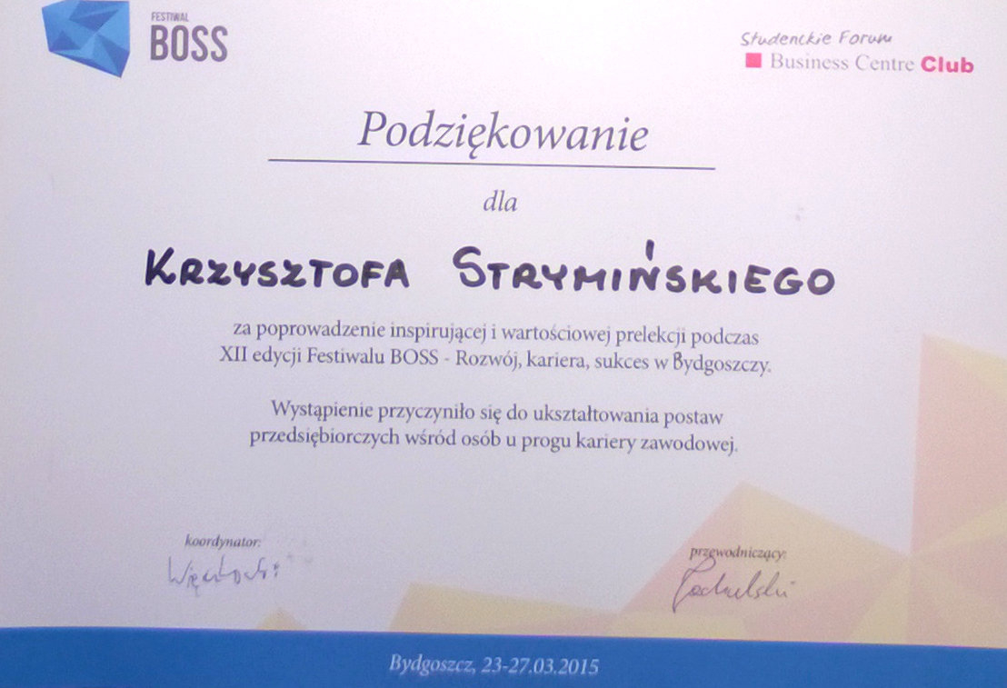 Podziękowanie za poprowadzenie warsztatów - Krzysztof Strymiński - BOSS 2015